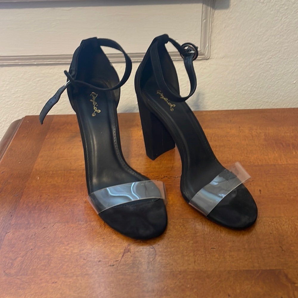 Clear strap black heels